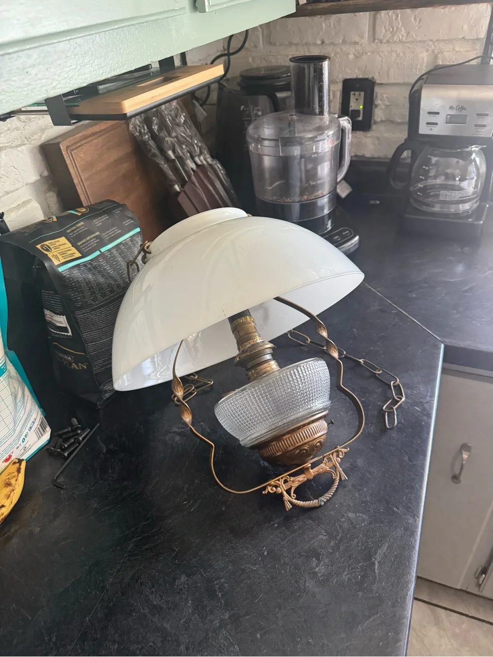 Antique- oil lampStyle White Glass & Brass Hanging Lamp - Home Accents